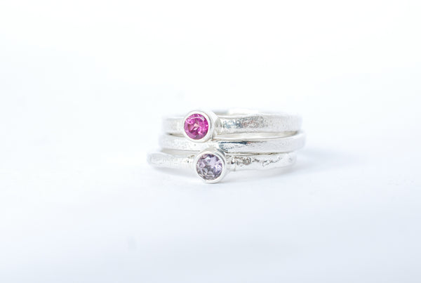 Pink silver ring stacks. Handmade jewelry