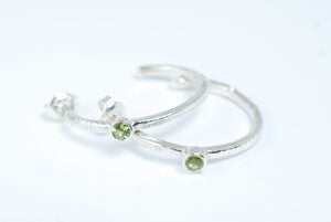 Silver hoops earrings with green peridot stone