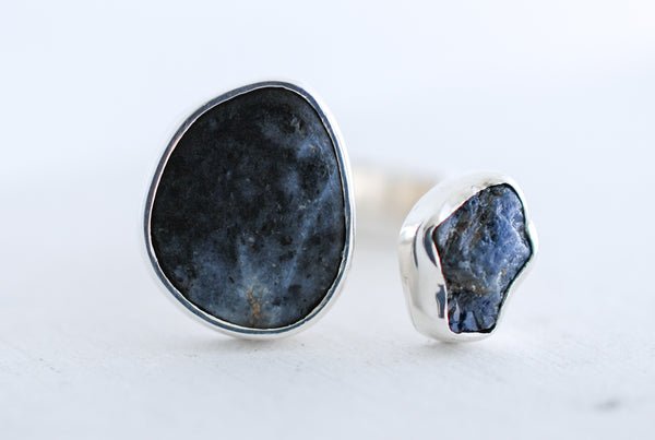 Unique two stone silver ring. Raw blue sapphire and Natural black stone