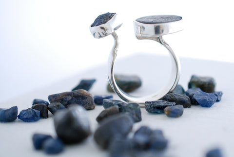 Two stone raw sapphire silver ring
