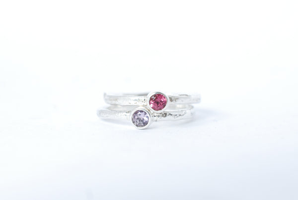 Pink silver ring stacks. Handmade jewelry