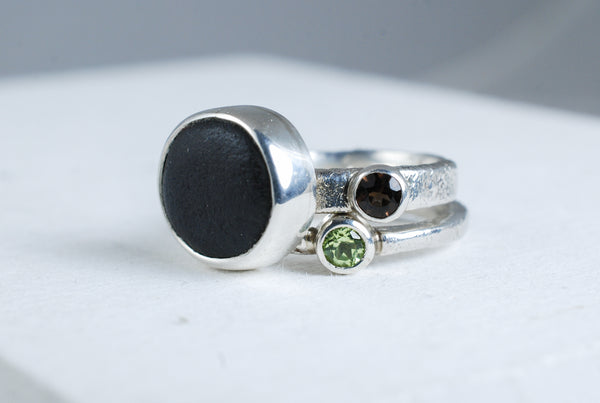 Silver ring with natural black stone and smoky quartz (Sold)