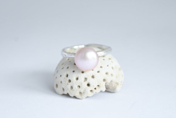 Silver ring with pink pearl. Handmade jewellery