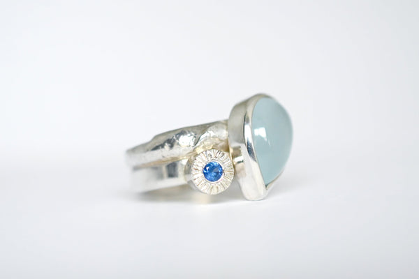 One of a kind Aquamarine and blue sapphire wide band silver ring