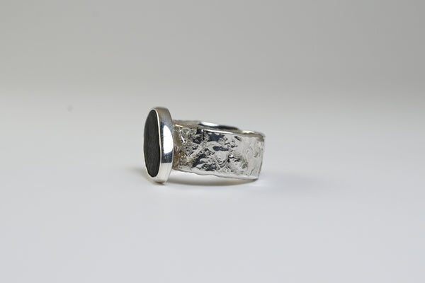 black natural rough seashore stone silver handmade ring