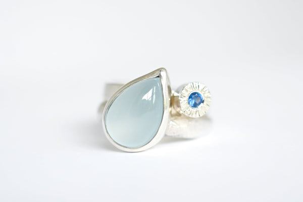 One of a kind Aquamarine drop and blue sapphire wide band silver ring