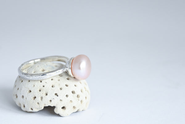 Silver ring with pink pearl. Handmade jewellery