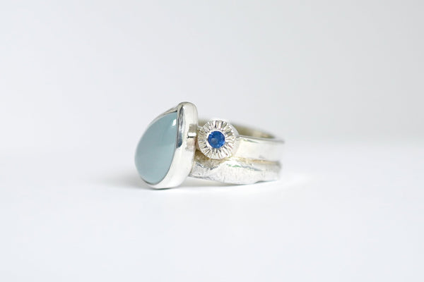 One of a kind Aquamarine and blue sapphire wide band silver ring