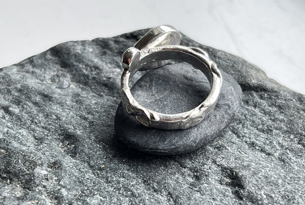 Silver ring with a black stone and blue topaz. Inspired by nature