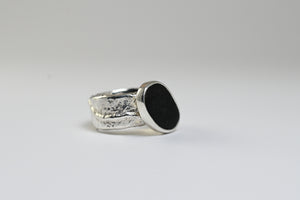 black natural stone rough handmade silver ring baltic sea