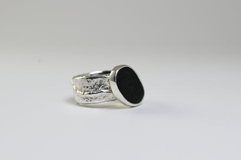 black natural stone rough handmade silver ring baltic sea