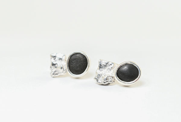Black beach pebble silver earrings. Nature connection.