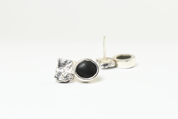 Black beach pebble silver earrings. Nature connection.
