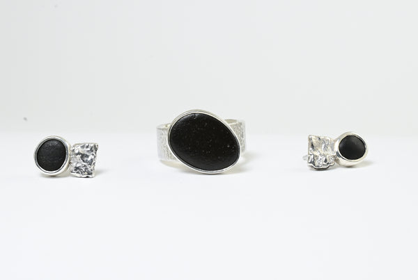 Black beach pebble silver earrings. Nature connection.
