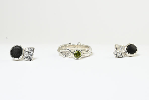 Black beach pebble silver earrings. Nature connection.