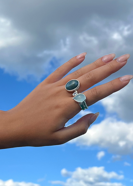 One of a kind Aquamarine and blue sapphire wide band silver ring