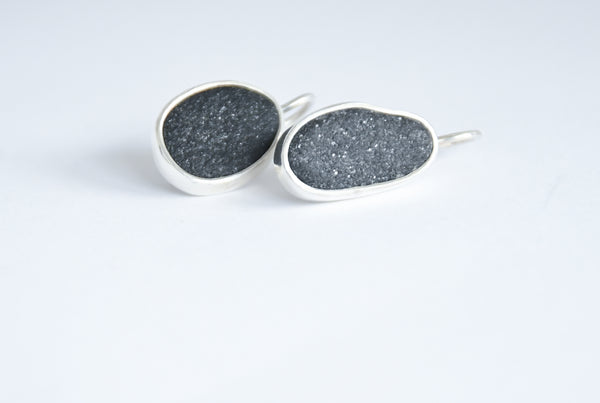 Handmade Silver earrings with dark grey seashore stones 