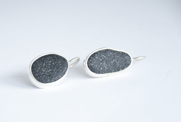Handmade Silver earrings with dark grey seashore stones 