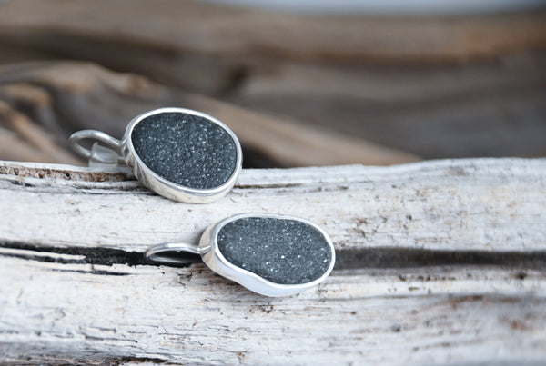Handmade Silver earrings with dark grey seashore stones 
