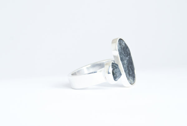 Open design two stone silver ring