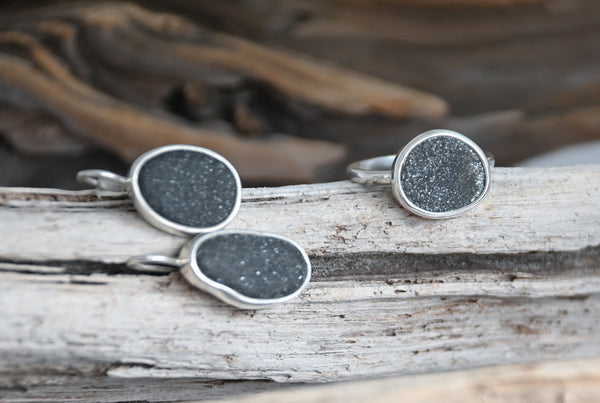 Handmade Silver earrings with dark grey seashore stones 