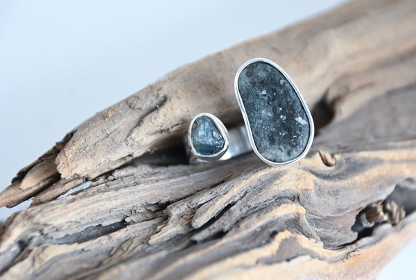 Open design two stone silver ring