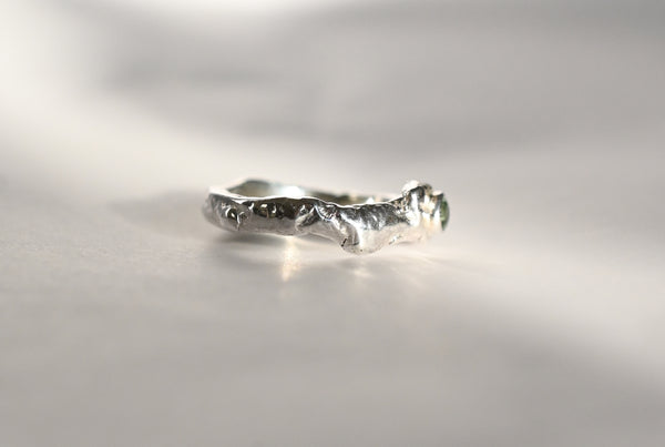 Handmade silver ring with green sapphire gemstone. One of a kind jewellery. 