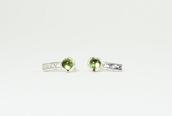 Green tourmaline silver stud earrings. Bezel setting. 