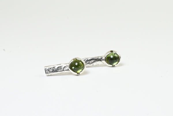 Green tourmaline silver stud earrings. Bezel setting. 