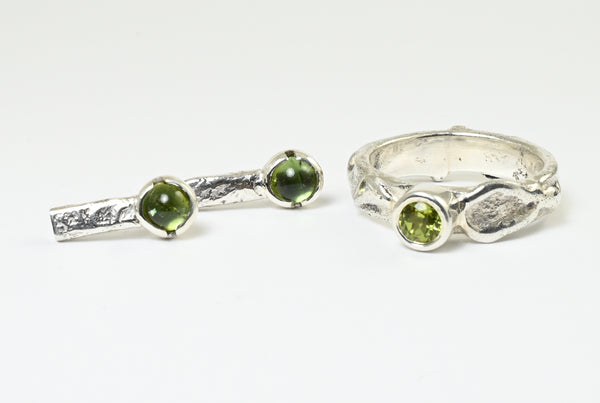 Green tourmaline silver stud earrings with silver ring with green peridot