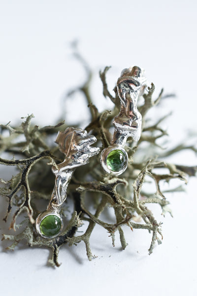 Natural green tourmaline silver stud earrings. Handmade jewellery