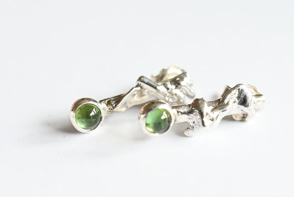 Natural green tourmaline silver stud earrings. Handmade jewellery