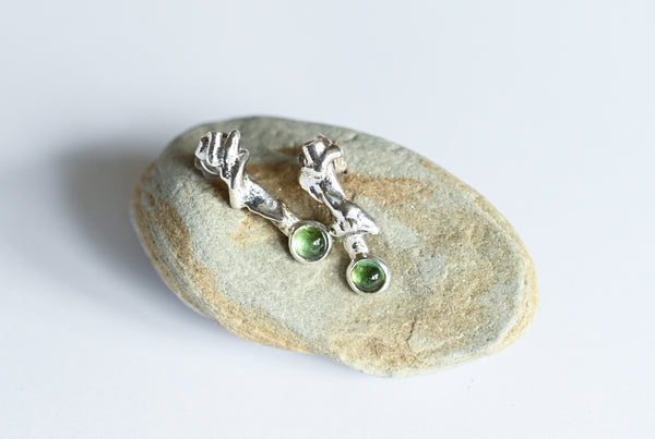 Natural green tourmaline silver stud earrings. Handmade jewellery