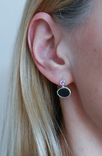 Black stone pink sapphire handmade earrings