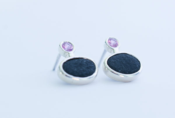 Black stone pink sapphire handmade earrings