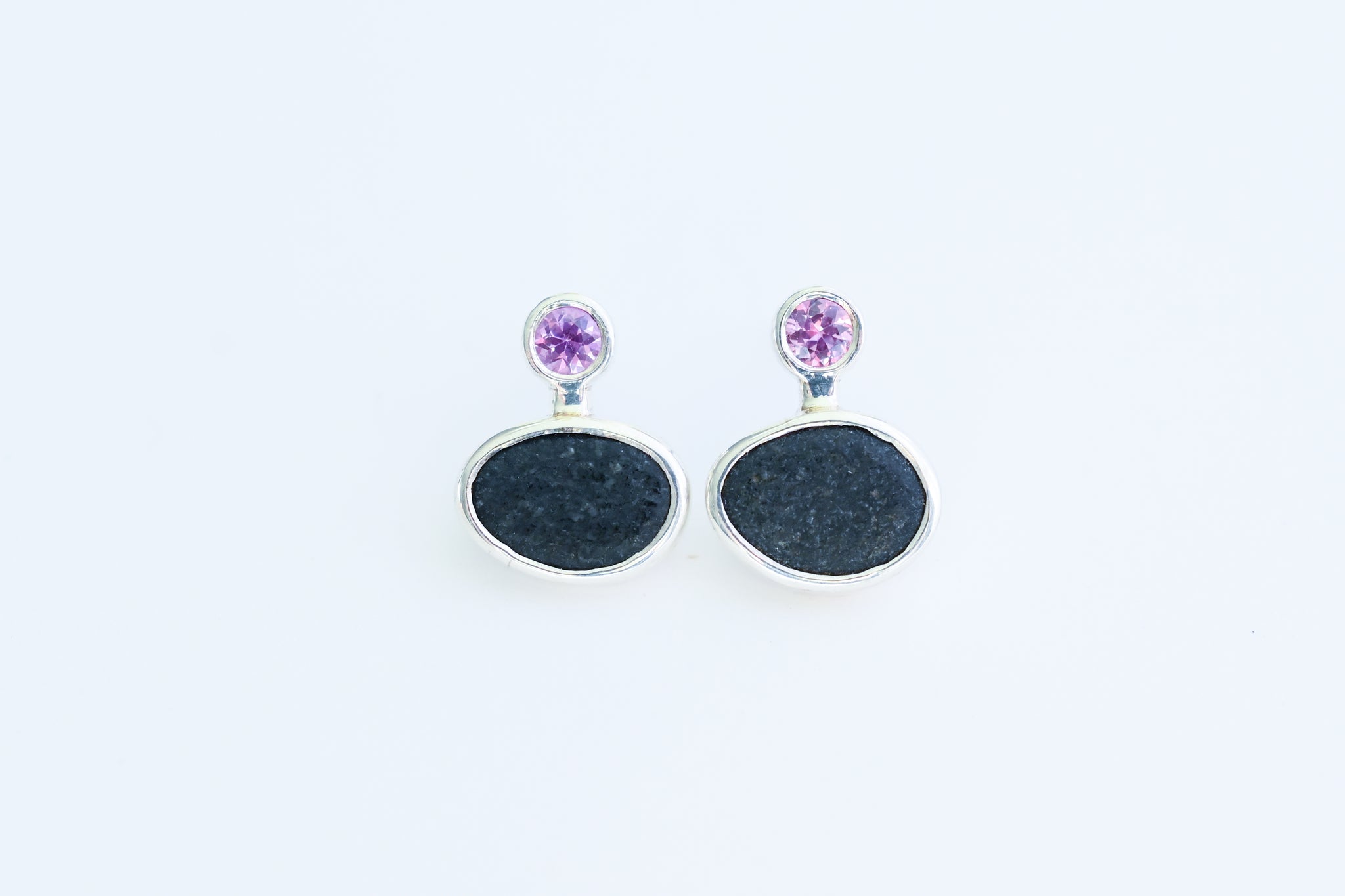 Black stone pink sapphire handmade earrings