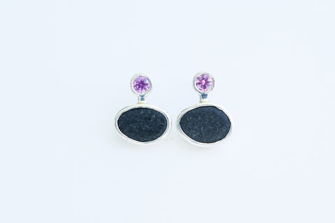 Black stone pink sapphire handmade earrings