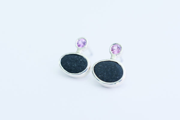 Black stone pink sapphire handmade earrings
