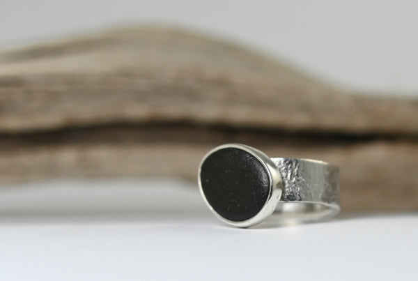 Rough wide handmade silver ring with beach pebble