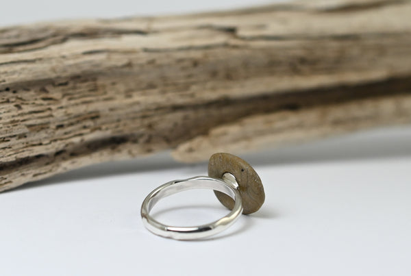 Beige beach stone silver ring. Handmade jewellery.