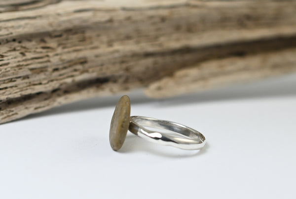 Beige beach stone silver ring. Handmade jewellery.