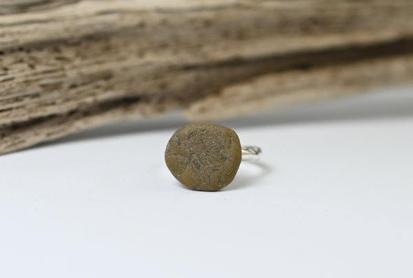 Beige beach stone silver ring. Handmade jewellery.