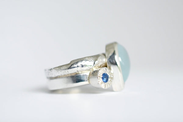 One of a kind Aquamarine and blue sapphire wide band silver ring