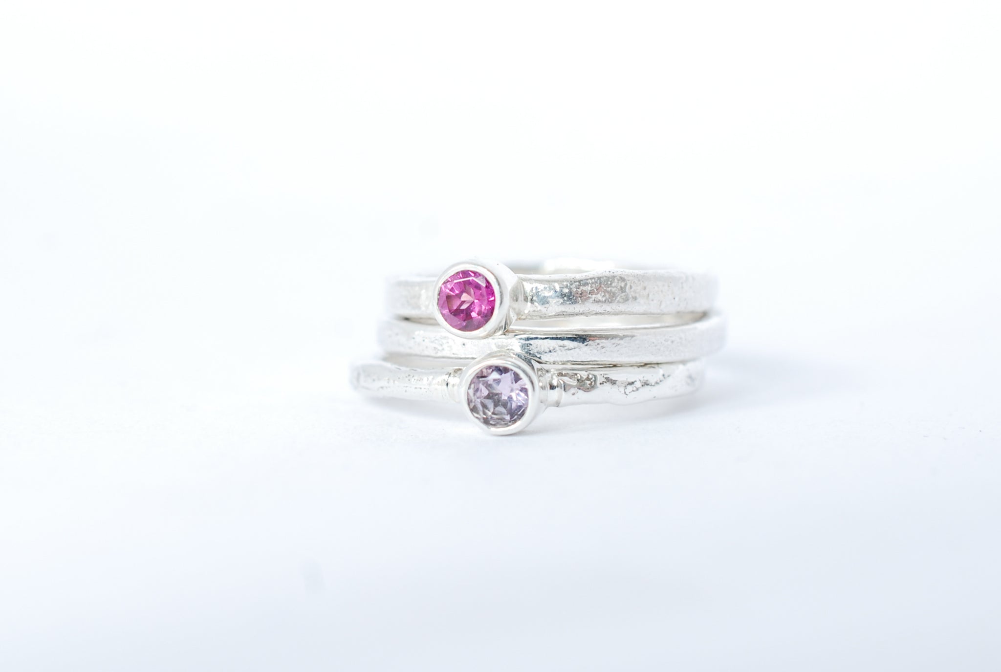 Pink silver ring stacks. Handmade jewelry