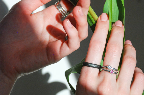 Colorful jewellery. Silver stacking rings.