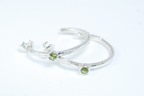 Silver hoops earrings with green peridot stone