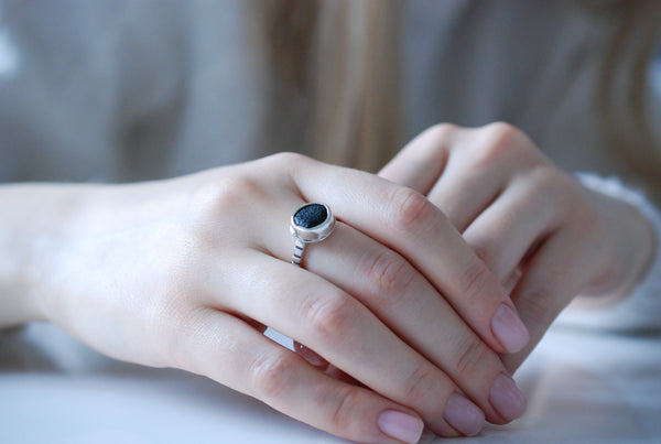 Silver ring with natural black stone