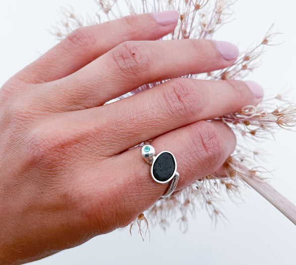 Silver ring with Balck stone and Green Emerald "Because I want it"