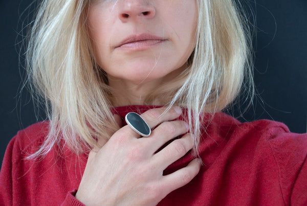 Silver ring with black seaside stone and green diopside "Sea moss"