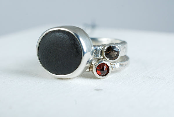 Silver ring with natural black stone and smoky quartz (Sold)